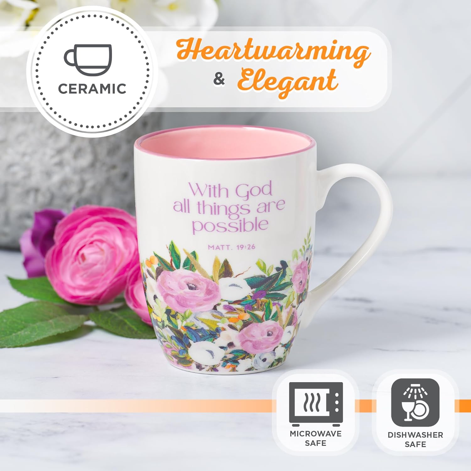 Christian Art Gifts Inspirational Ceramic Coffee & Tea Scripture Mug for Women: All Things are Possible Encouraging Bible Verse, Cute Microwave & Dishwasher Safe Drinkware, White & Pink Floral, 12 oz.