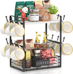 EsLuker.ly Coffee Mug Cup Holder Stand Bar Station Organizer for Countertop, Multi-Functional 2 Tier Mug Tree Rack for Kitchen, Storage Shelf with 12 Hooks, White-Black(Patented Design)