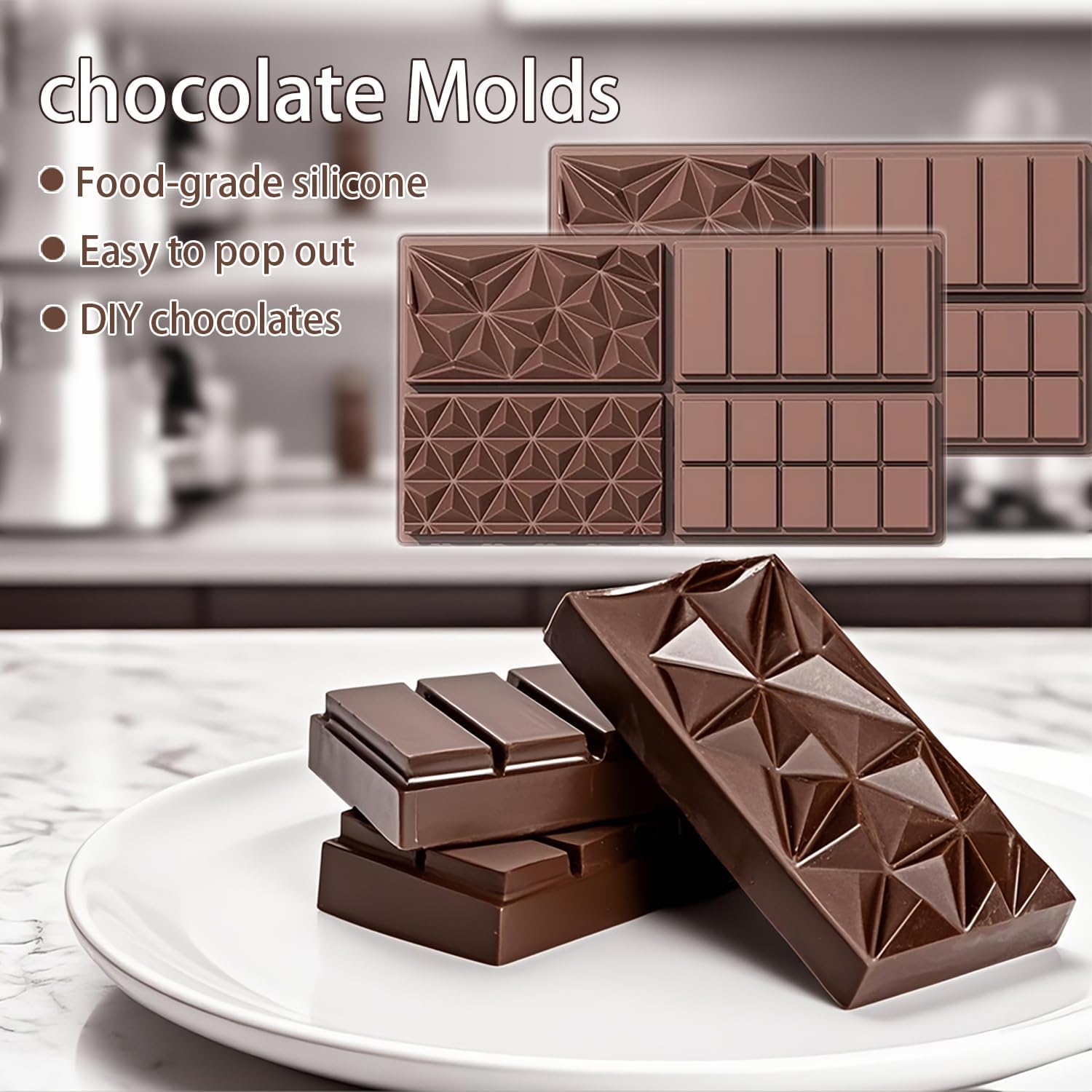 La chat 2 Packs Silicone Molds for Chocolate, Food Grade no-stick Baking, candy and butter Mold with different shape (2 packs chocolate bar)