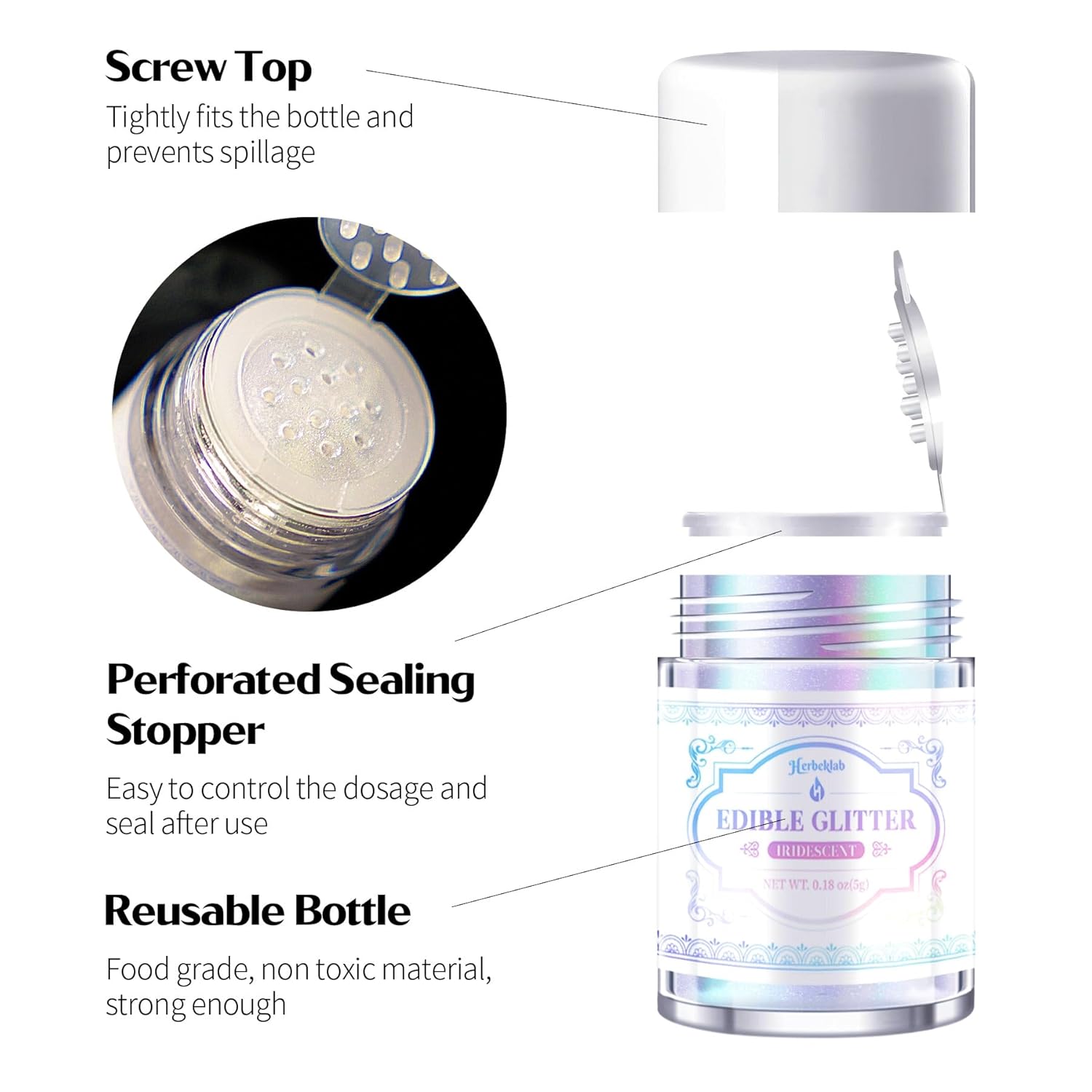 Iridescent Edible Glitter for Cocktails - Herbeklab Rainbow Luster Dust Edible Iridescent Drink Glitter Food Grade Shimmer Powder for Beverage Chocolate, 5g