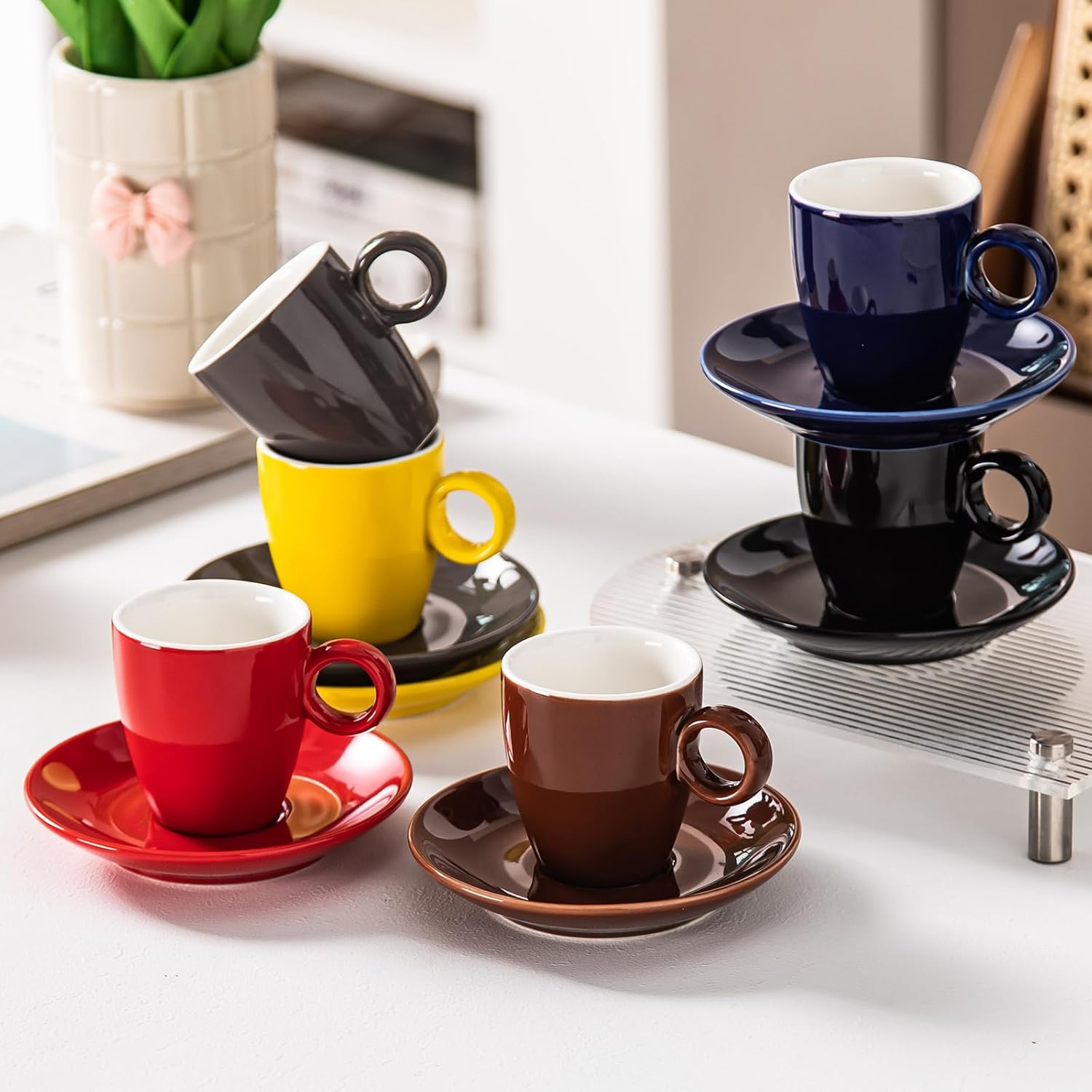 2.5oz Espresso Cups with Saucers Set, Colorful Coffee Cups Set, Ceramics Tea Cup with Handle, Coffee Mugs Set of 6, Assorted Colors