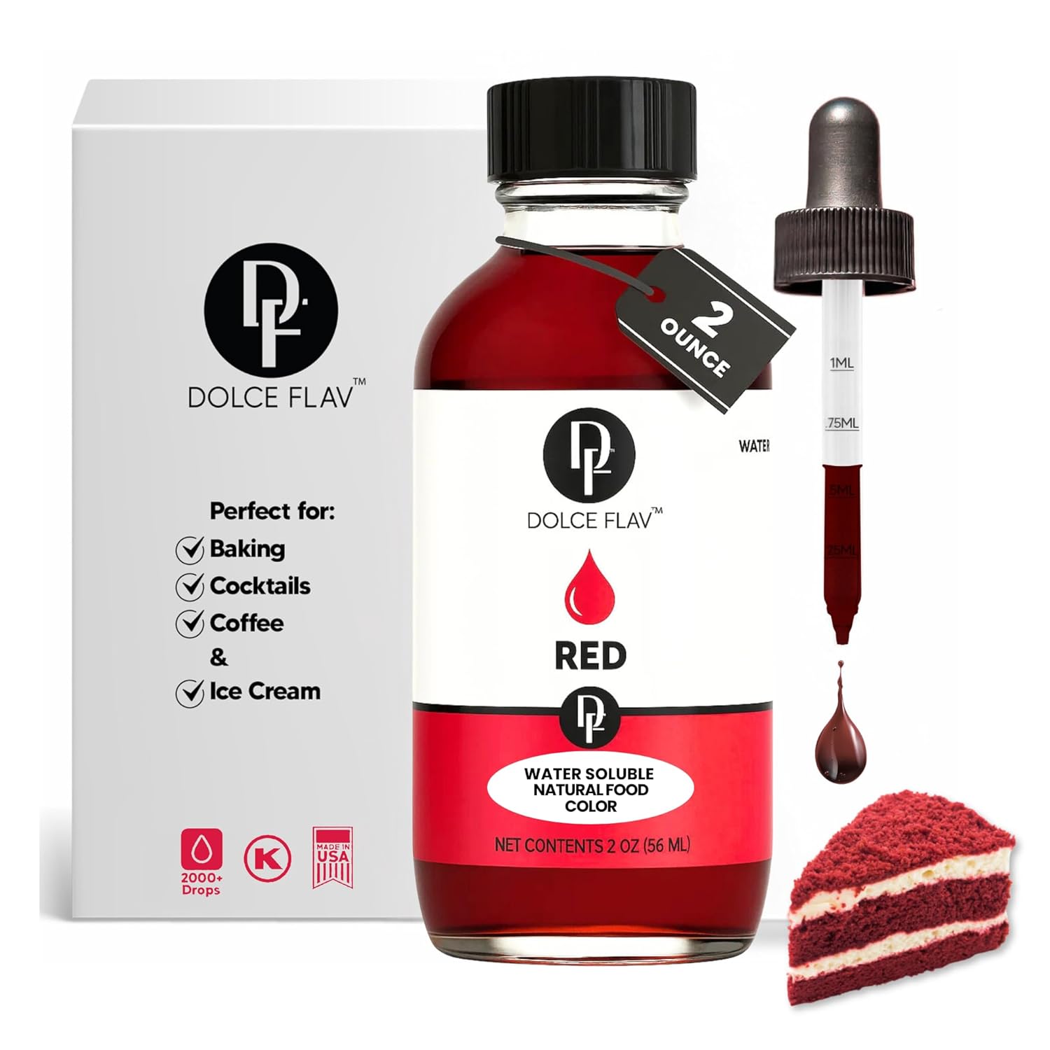 Dolce Flav Natural Red Food Coloring – Vivid Plant-Based Color from Beets | 2 oz Water-Soluble Liquid Dye for Baking, Drinks & Frostings | Graduated Dropper Included | No Artificial Dyes | Kosher | Made in USA