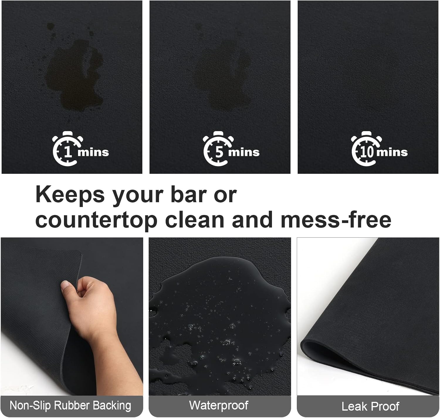 ZLR Coffee Mat - 12" x 16" Small Kitchen Hide Stain Absorbent Dish Drying Mat for Countertop - Easy to Clean Coffee Bar Mat for Espresso Machine and Spill Protection - Black