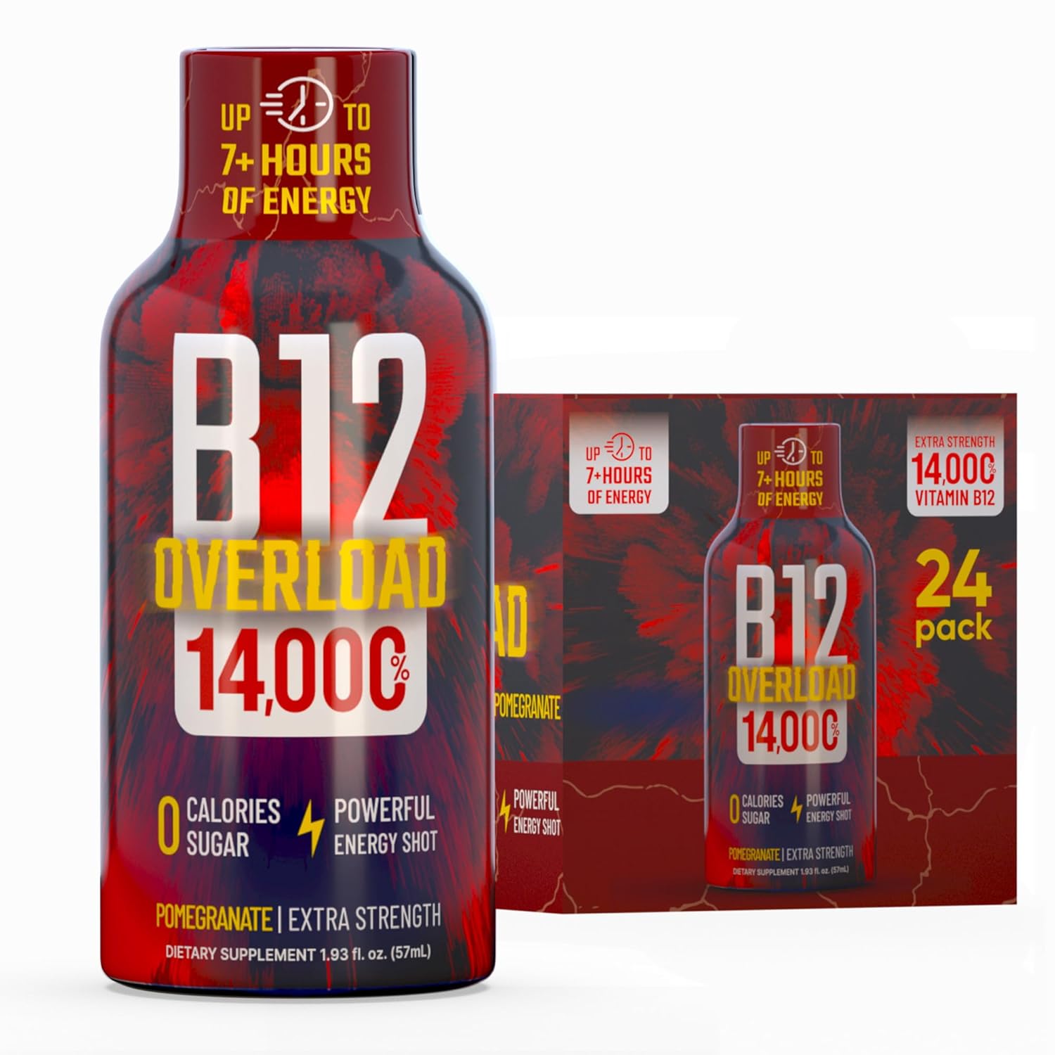 B12 Overload Extra Strength Energy Shot – Pomegranate – 260mg Caffeine, 14000% B12, Electrolytes – Energy & Vitality Support – Zero Sugar No Calories – Vegan, Kosher, Gluten-Free – 1.93 fl oz, 24-Pack