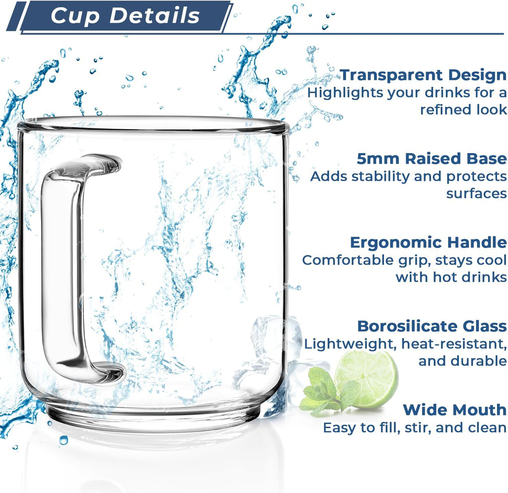 Aquach 22oz Large Clear Glass Coffee Mugs Set of 2 - Serve as General Drinking Glasses for Water, Coffee, Tea, and Juice