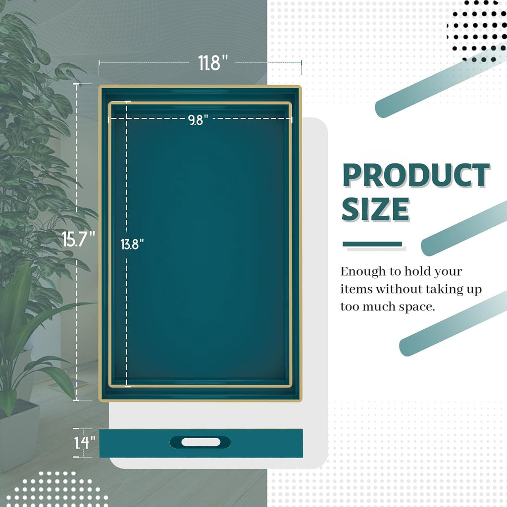 MAONAME Green Serving Tray Set of 2, Plastic Decorative Tray with Handles, Rectangular Coffee Table Trays for Ottoman, Nesting Trays for Living Room, Bedroom