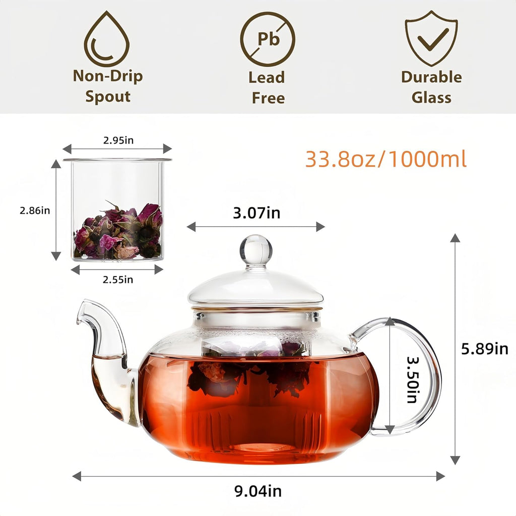 CnGlass 33.8oz Glass Teapot with Removable Infuser,Stovetop Safe Tea Kettle,Blooming & Loose Leaf Tea Pot