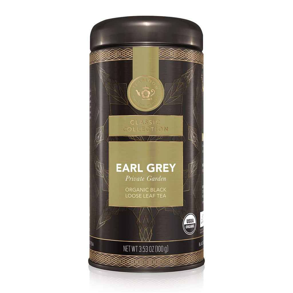 Teabloom Organic Black Tea, Earl Grey Private Garden Loose Leaf Tea, Classic Assam Whole Leaf Blend, USDA Certified Organic, Kosher Certified, 3.53 Ounce Loose Leaf Tea Canister Makes 35-50 Cups