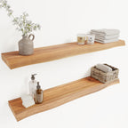 36" Acacia Live Edge Floating Shelves Set of 2 - Wall Mounted Wooden Shelf for Stylish Home Décor - Teak Look Color 36x7.5x1.5 Inches