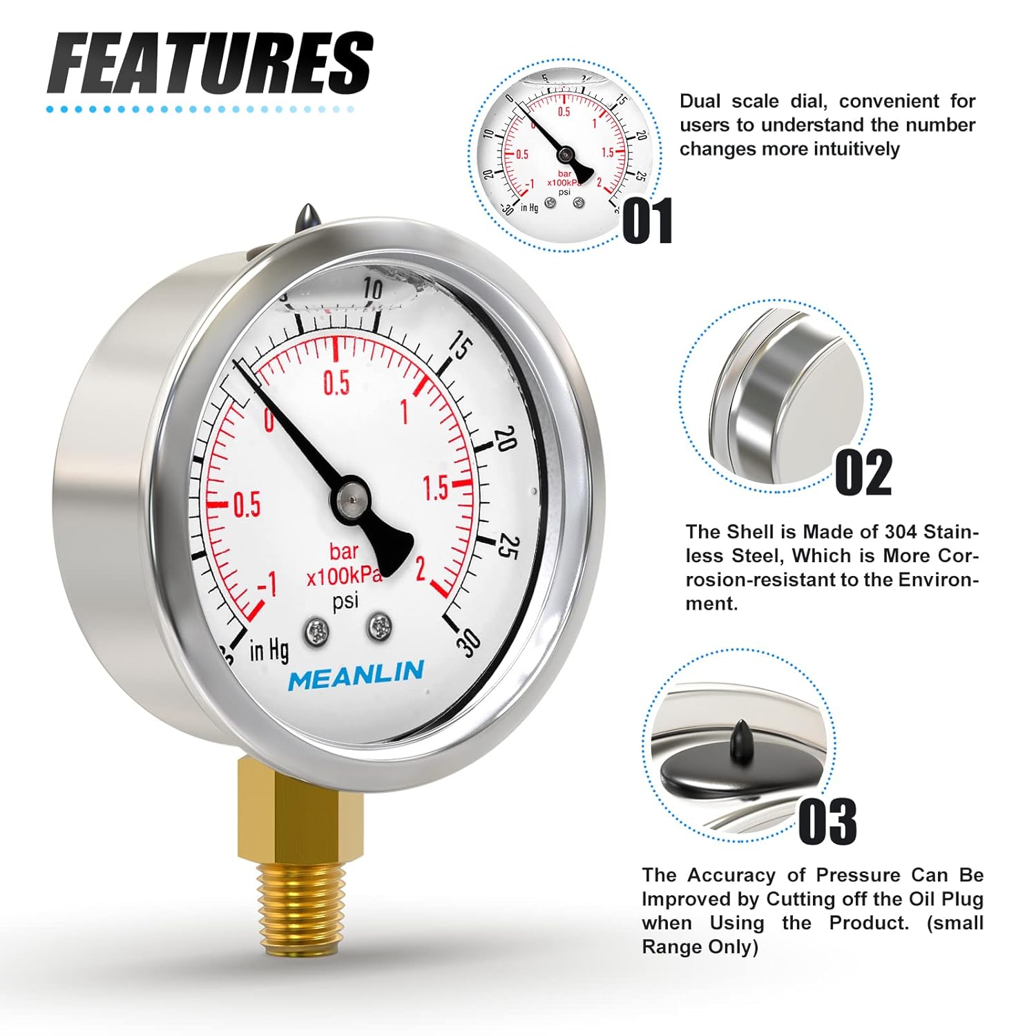 MEANLIN MEASURE -30inHG~30Psi Stainless Steel 1/8" NPT 2.5" FACE DIAL Vacuum Pressure Gauge, Lower Mount, with 1/4" NPT and 3/8" NPT Hex Bushing