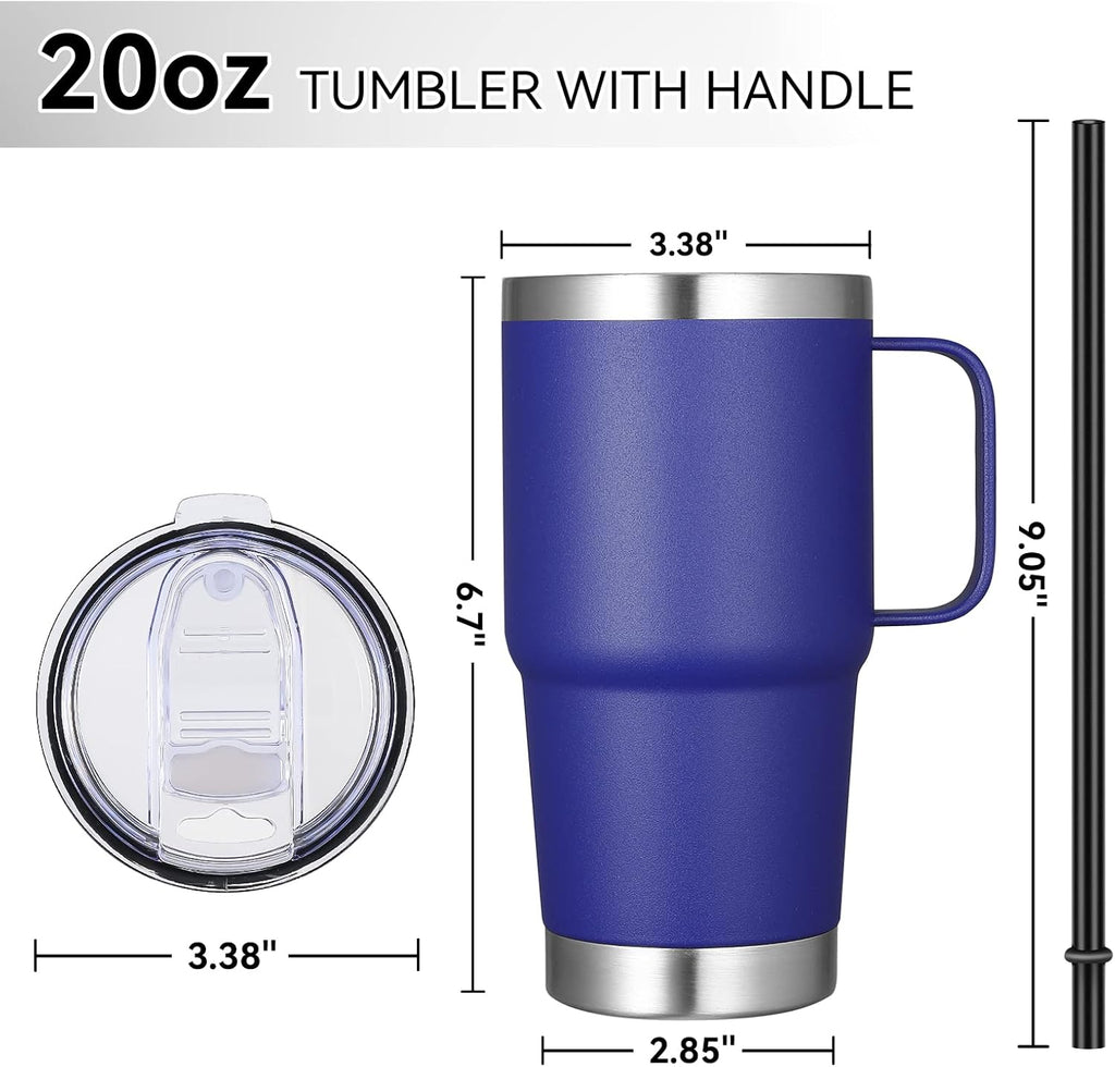 VEGOND 20 oz Tumbler Bulk with Handle Lid and Straw, Stainless Steel Insulated Travel Coffee Mug Set, Spill Proof Double Wall Metal Tumblers Cups, Royal Blue 6 Pack
