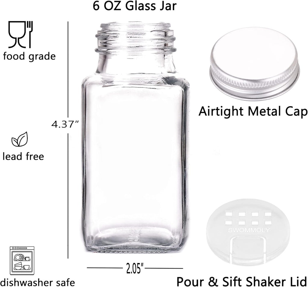 SWOMMOLY 25 Glass Spice Jars 6 oz Empty Square Spice Bottles with 703 Spice Labels, Chalk Marker and Funnel Complete Set. Spice Containers with Airtight Cap, Pour/sift Shaker Lid