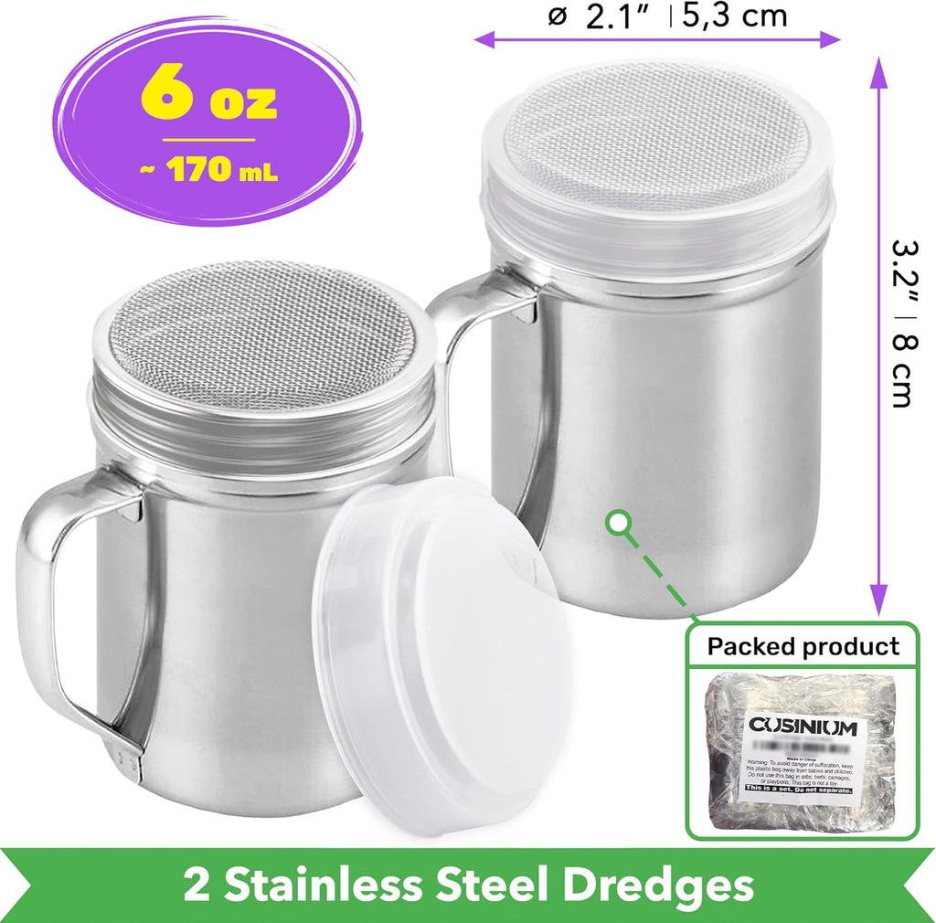 CUSINIUM Powdered Sugar Shaker Duster - With Handle - Cinnamon Shaker For Coffee Bar - Fine Mesh Dredge - 6 ounce, pack of 2 | Style: Fine