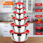 LIANYU Mixing Bowls Set of 6 with Airtight Lids, Size 7, 3.5, 2.5, 2, 1.5, 1QT Large Metal Stainless Steel Nesting Bowls for Cooking, Baking, Food Storage, Non-slip Bottom, Red