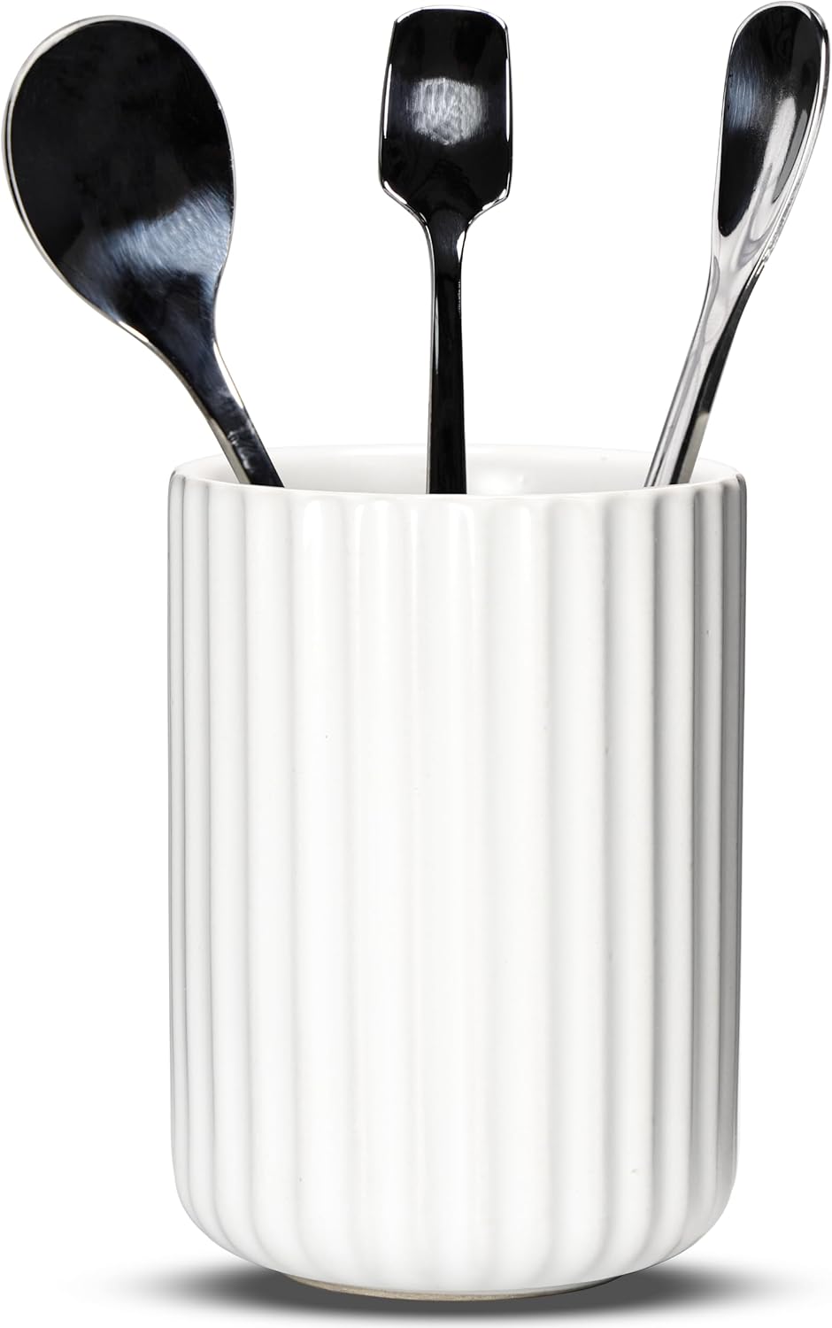 Ceramic Spoon Holder for Coffee Bar, Upright Tea Spoon Holder Cup, Coffee Stirrers Straws Stir Stick Holder, White Fluted Surface