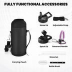 Insulated Water Bottle 40 oz, Triple Wall Vacuum Stainless Steel (Cold for 48 Hrs), Leak Proof & Non-BPA, Modern Water Flask Jug with Paracord Handle & Straw Spout Lids, Lilac