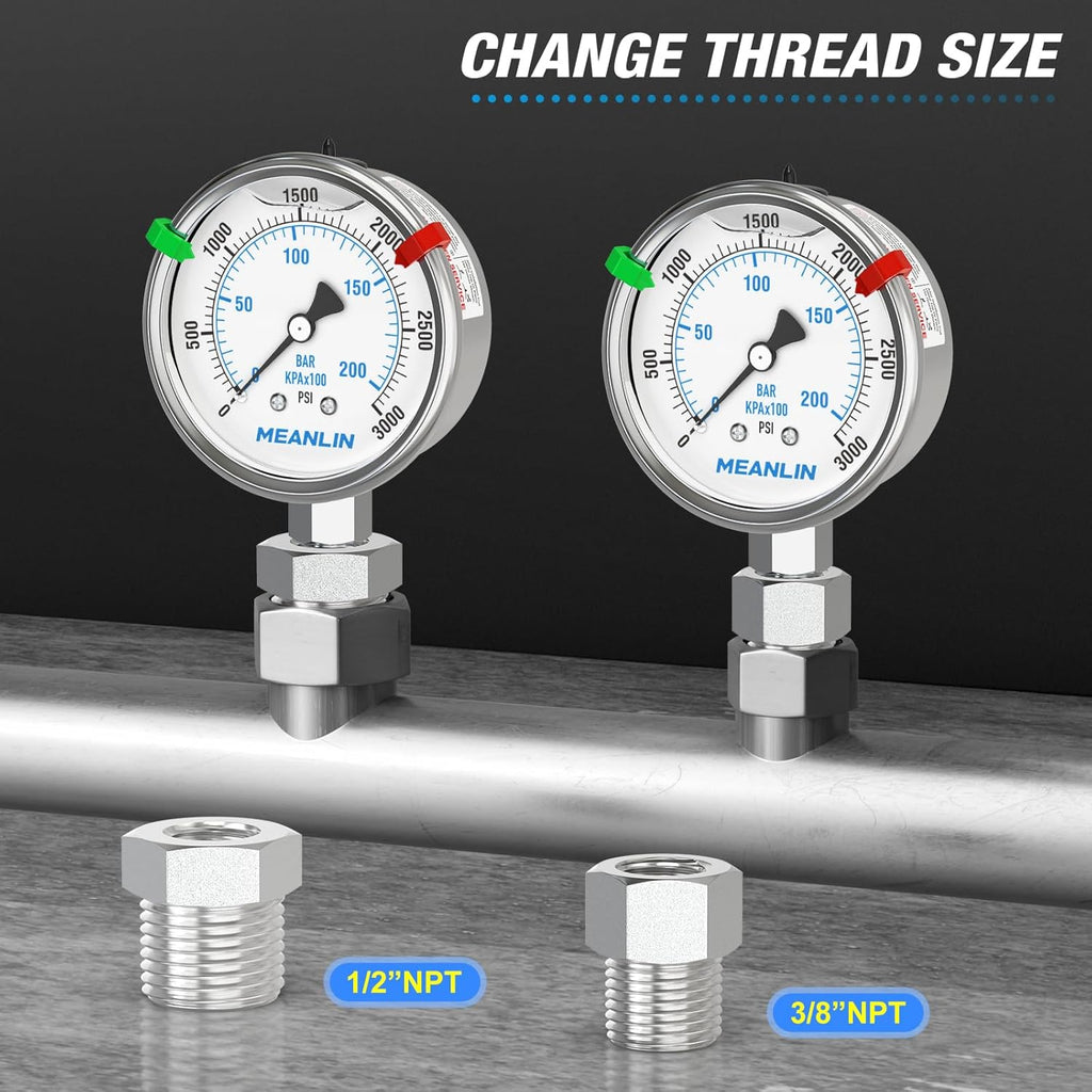 MEANLIN MEASURE 0~3000Psi Stainless Steel Liquid Filled Pressure Gauge 2.5" FACE DIAL 1/4" NPT for WOG Water Oil Air Lower Mount with Stainless Steel Hex Bushing and Snaps