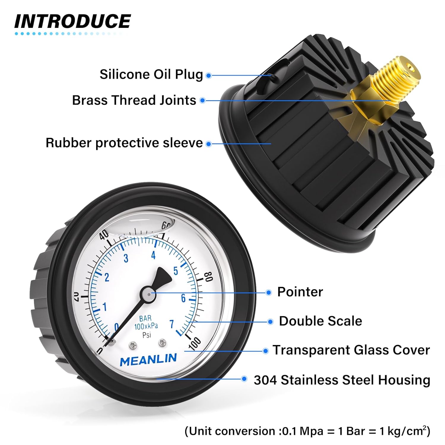 MEANLIN MEASURE 0~100Psi Stainless Steel Liquid Filled Pressure Gauge 1/4" NPT 2.5" FACE DIAL with Rubber Protective Sleeve, Center Back Mount