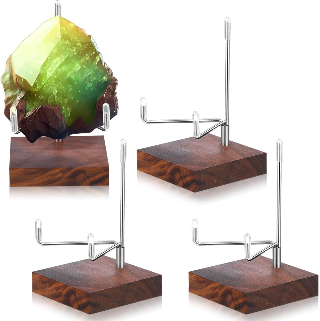 Wenqik 4 Pcs Crystal Display Stand Adjustable Metal Arms Small Rock Display Stand with Wooden Base Geodes Rock Agate Mineral Easel Holder for Collectibles(2.56 x 2.56 x 4.33 Inch)