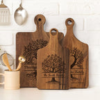 callie Personalized Family Cutting Board, Wooden Engraved Cheese Food Serving Tray Platter with Grip Handle, Housewarming Gifts (S, M, L)