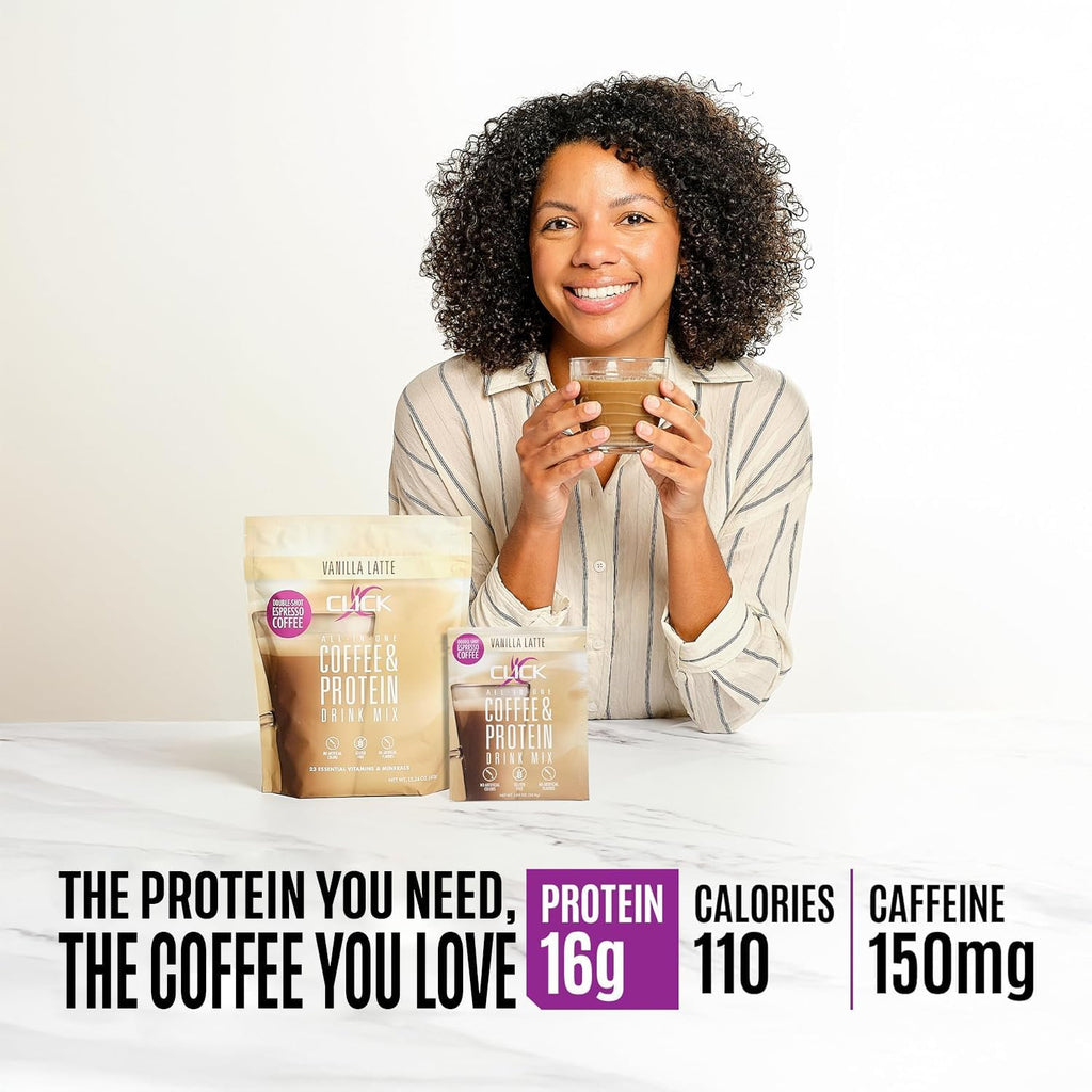 Click Coffee Protein Powder | Double Shot Espresso | 16g Protein | 23 Essential Vitamins | Low Calorie Meal Replacement | 150mg Caffeine | Gluten Free | No Artificial Flavors or Colors | Vanilla