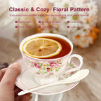 Cup and Saucer Sets of 2 with Spoon, 8oz Large Tea/Coffee Cups and Saucers New Bone China Floral Vintage Cup & Saucer Sets Porcelain Tea Latte Mugs -Microwave Dishwasher Safe