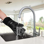 Kitchen Oven Gloves - Dual-Layer Heat Resistant Grilling Gloves, Silicone Oven Mitts with 5 Fingers, Waterproof Non-Slip Pot Holder for Barbecue, Cooking, Baking (Small, Black Long)