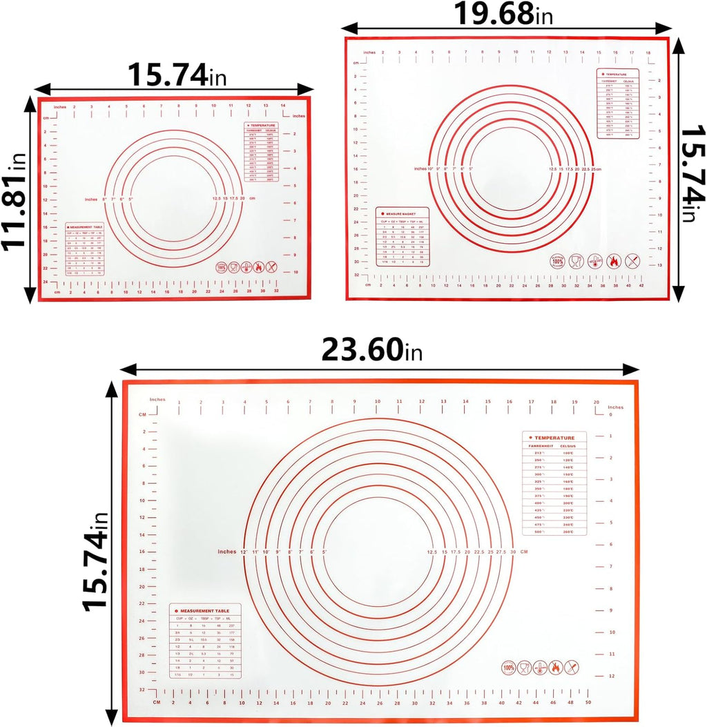 Silicone Baking Mat With Measurement Function Set of 3 Use Food Grade Silicone Ldeal for Dough Rolling Pie Crust Bread Making and Making Cookies (23.6×15.7,19.6×15.7, 15.7×11.8inch, Red)