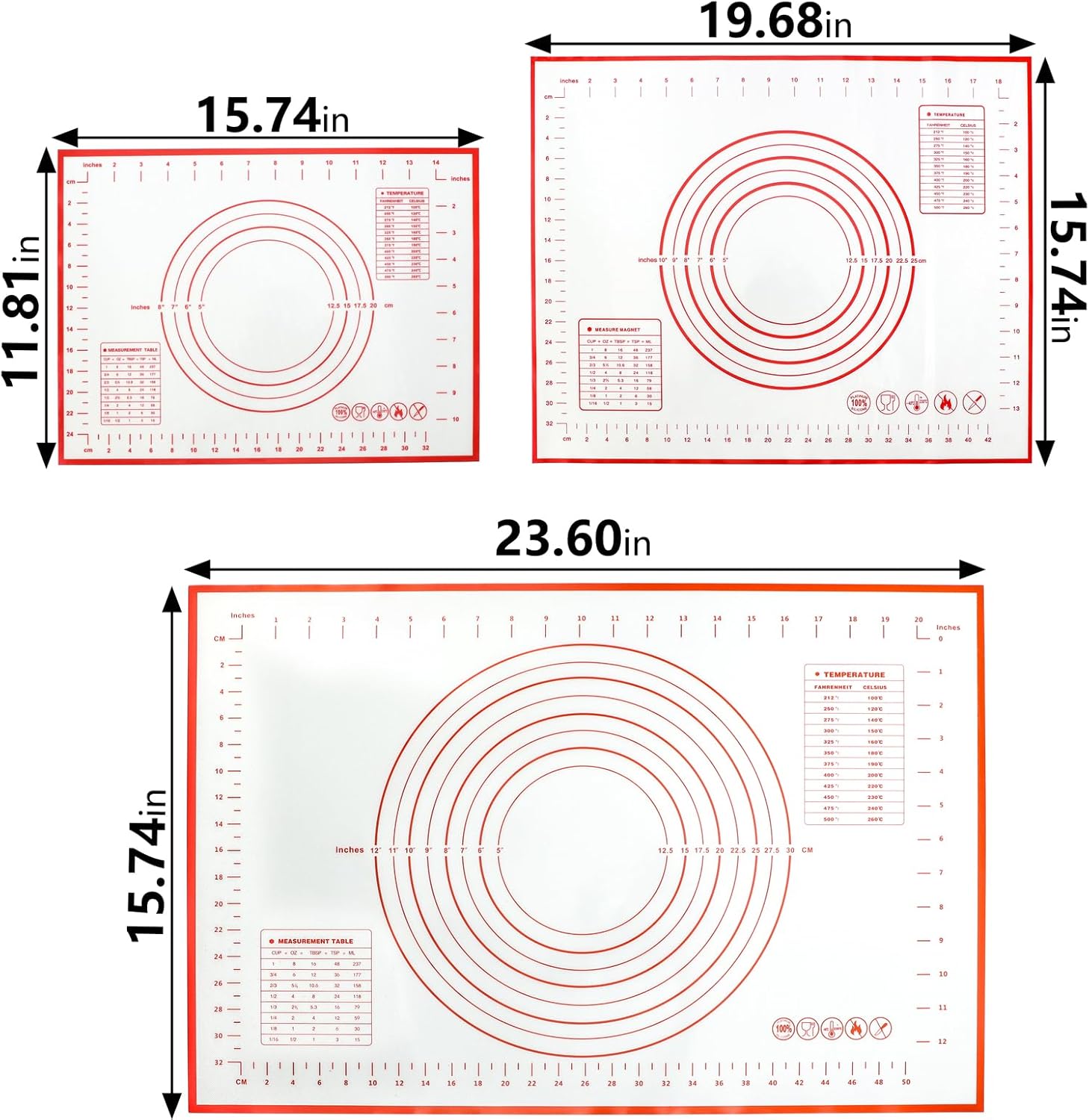 Silicone Baking Mat With Measurement Function Set of 3 Use Food Grade Silicone Ldeal for Dough Rolling Pie Crust Bread Making and Making Cookies (23.6×15.7,19.6×15.7, 15.7×11.8inch, Red)