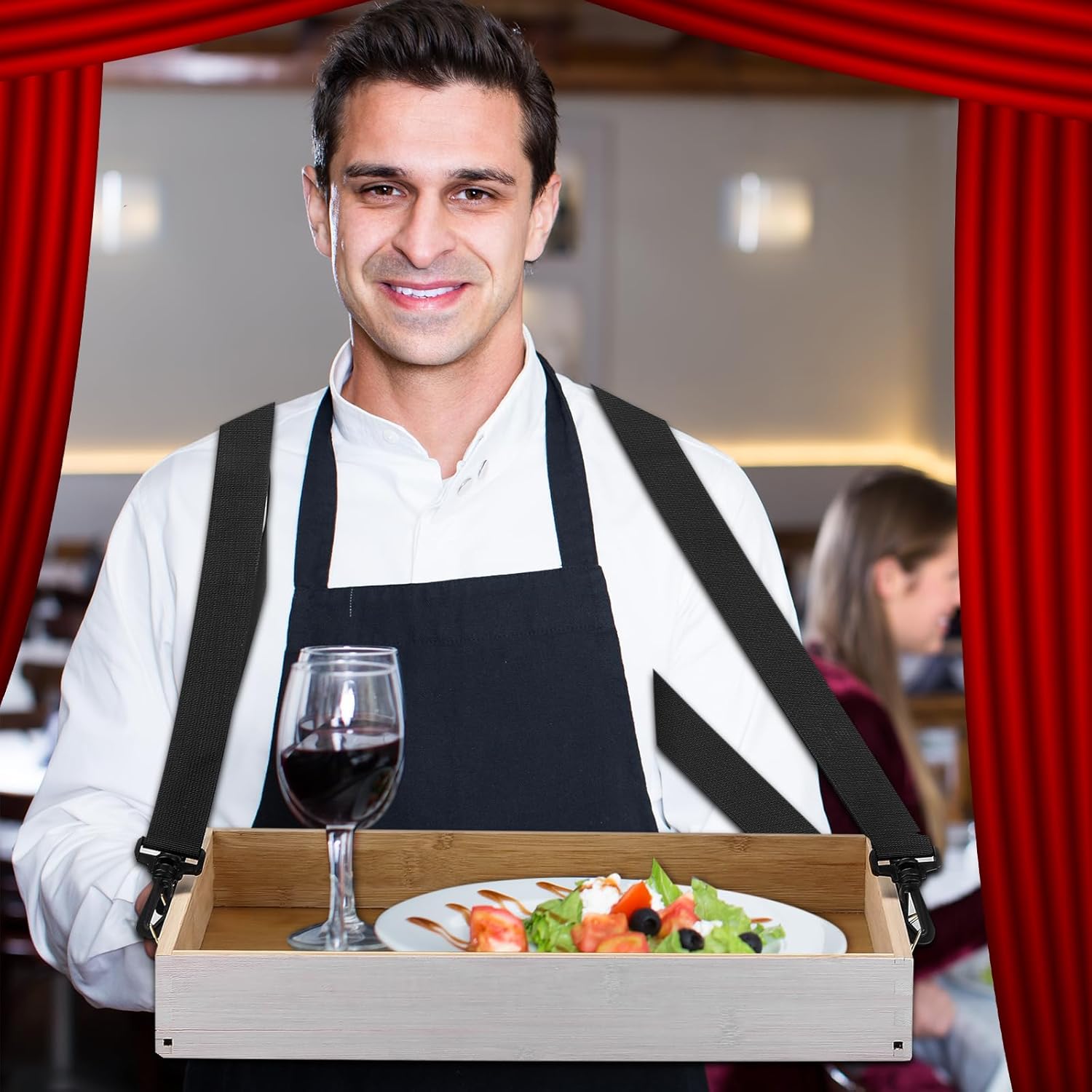 Marsui 2 Pcs Halloween Snack Trays with Straps 15 x 11 x 2 Inch Wooden Movie Night Snack Drink Trays Vendor Usherette Popcorn Drink Beverage Carrier for 20's Theme Carnival Party Costume(White)