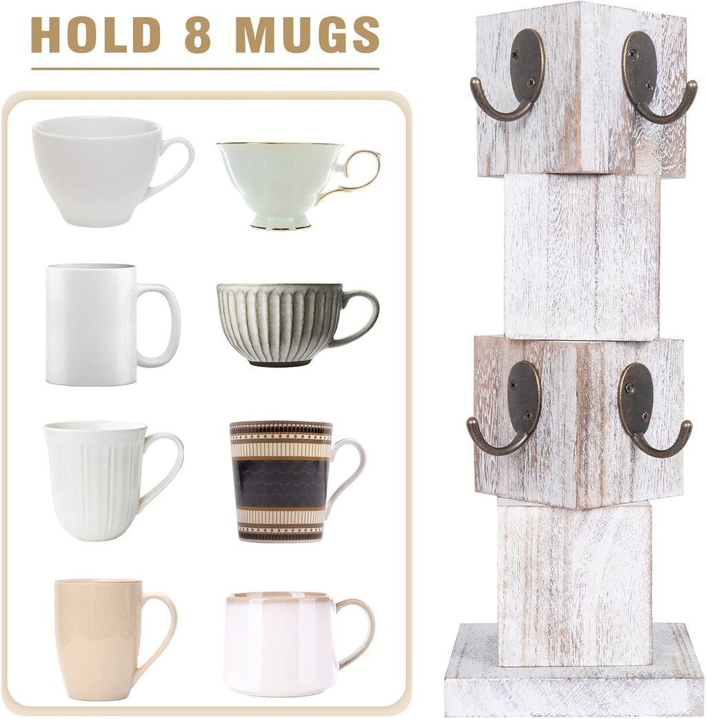 Coffee Mug Holder Tree, Rustic Solid Wood Mug Tree Stand with 8 Hooks, Farmhouse Coffee Cup Holder for Counter, Mug Hanger for Kitchen Organizer, Farmhouse White