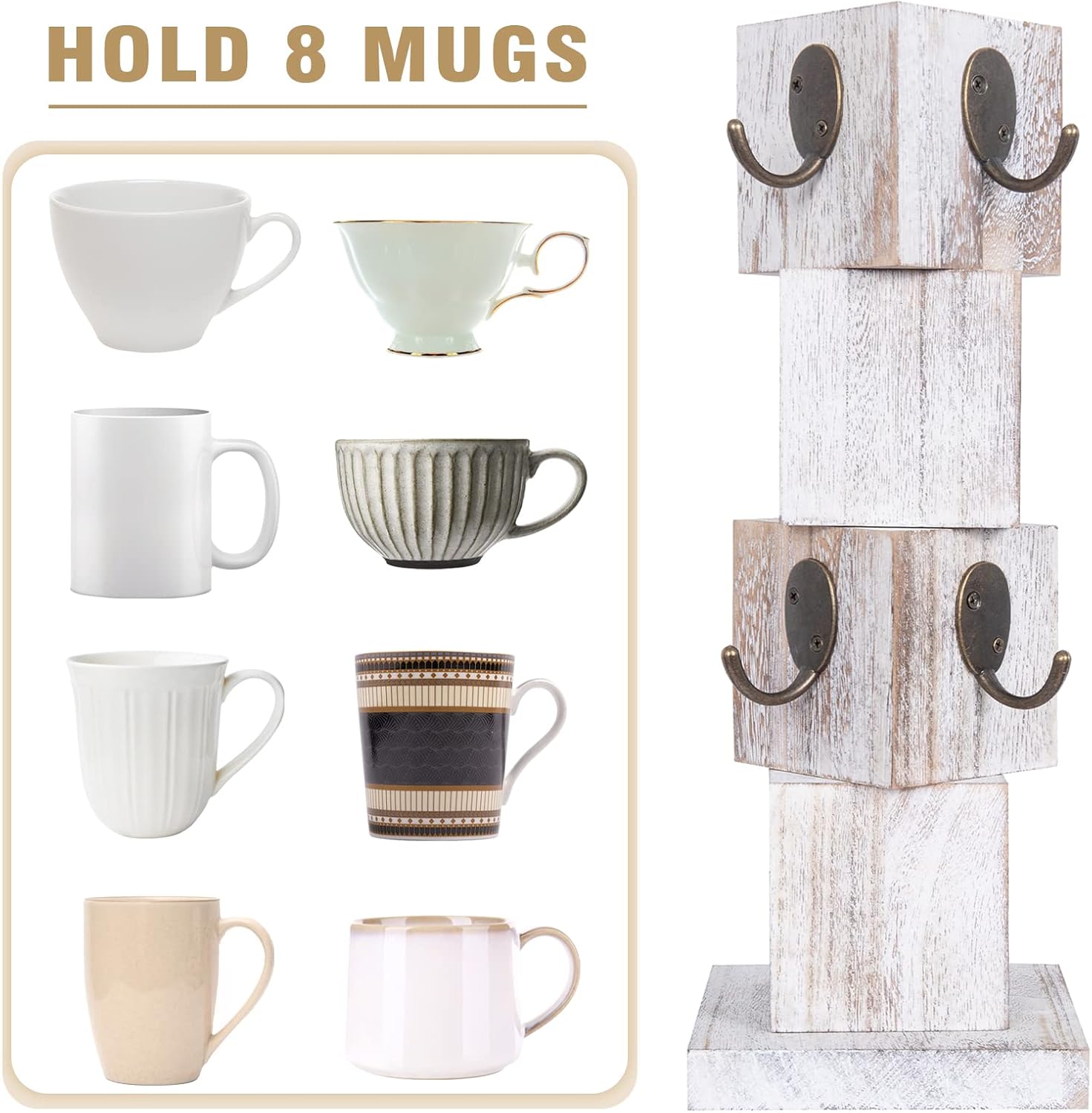 Coffee Mug Holder Tree, Rustic Solid Wood Mug Tree Stand with 8 Hooks, Farmhouse Coffee Cup Holder for Counter, Mug Hanger for Kitchen Organizer, Farmhouse White