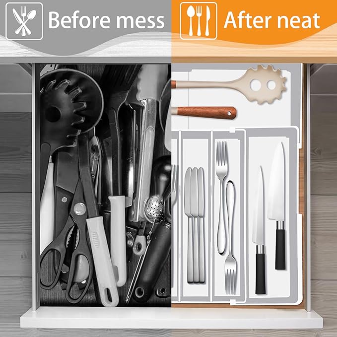 Homecor Silverware Drawer Organizer - Expandable Drawer Organizer for Kitchen, Utensil Holder BPA Free Flatware and Cutlery Tray for Spoons Forks Knives, Plastic Kitchen Organizer and Storage, White