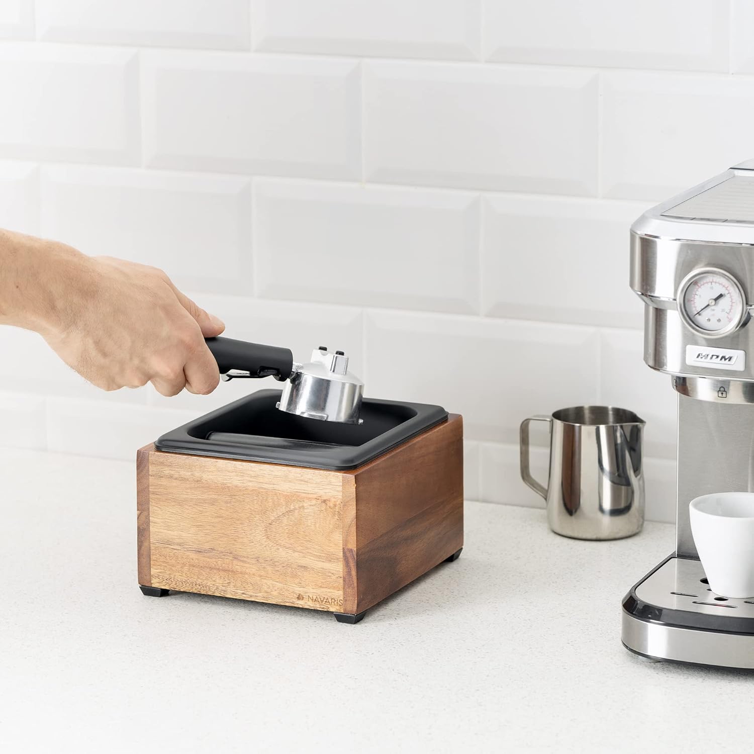 Navaris Coffee Knock Box - Stainless Steel and Wood Bin for Espresso Machine Coffee Grounds - With Silicone Bar for Knocking Filter Grinds - Black