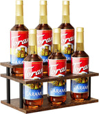 KLM Coffee Syrup Organizer, 2 Tier Wooden Small Display Shelf (6 Bottle Capacity),Syrup Bottle Sturdy Holder for Coffee Bar, Kitchen Countertop Syrups, Condiments and Wine