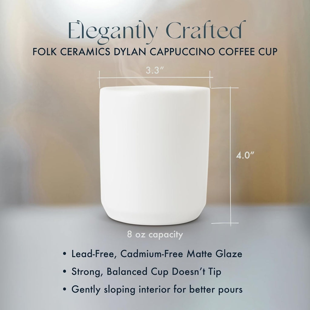 Folk Ceramics Dylan Ceramic Cappuccino Cups Set | Double Walled Ceramic Coffee Mug Set | Compact & Heat Insulated Cappuccino, Tea, Coffee & Latte Cup | 8oz, Set of 2 | Whisper White