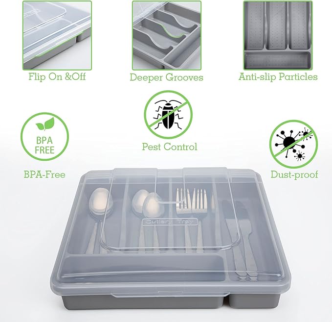 Silverware Tray with Lid, Utensil Holder for Kitchen Counter Plastic Flatware Organizers and Storage holder 5 Compartments Grey