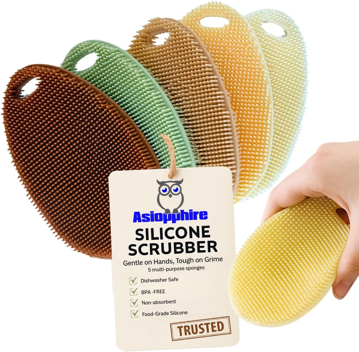 Silicone Sponge Dish Scrubber - Food Grade and Housecleaning - BPA Free Silicone Kitchen Scrubber [5 Pack Ovals Fall]