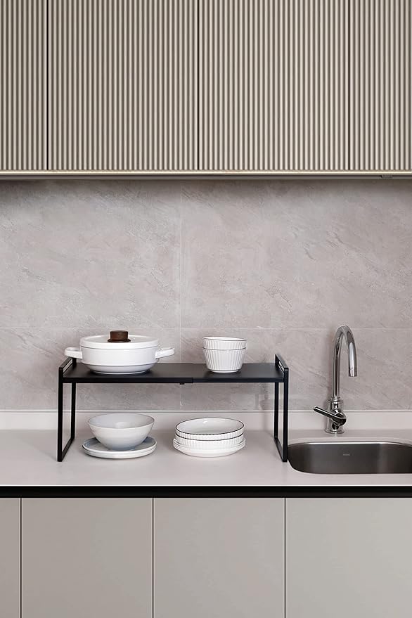 Nxconsu Expandable Cabinet Shelf Organizer Riser for Kitchen Pantry Cupboard Under Sink Countertop Home Storage Organization Rack Space Saver Freestanding Heavy Duty Nonslip Stackable Black X Large