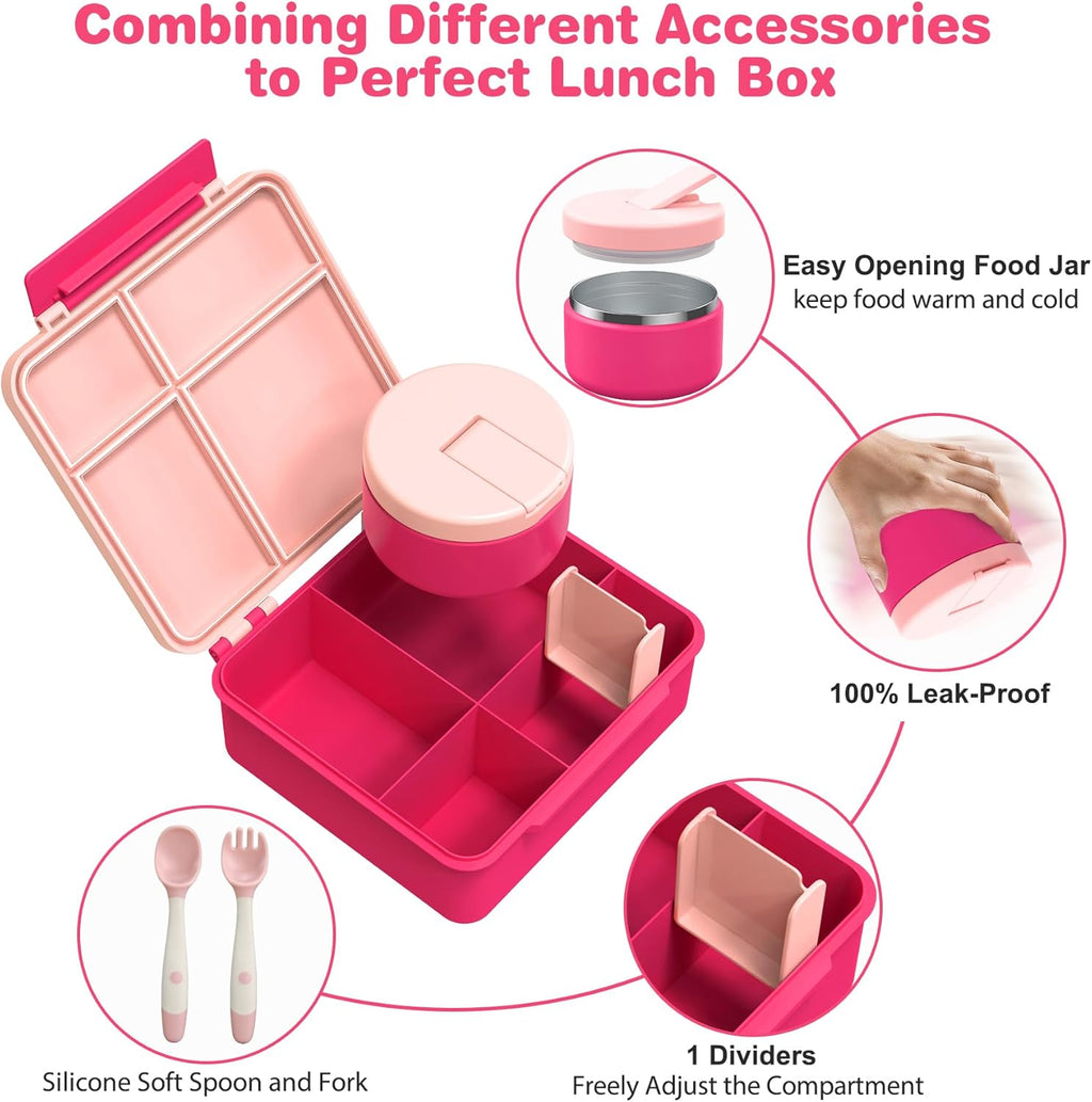 Bento Lunch Box with 8oz Soup Thermo, Kids Leakproof Lunch Food Containers with 4 Compartment, Kids Thermo Insulated Hot Food Jar for School, Trvael - (Pink)