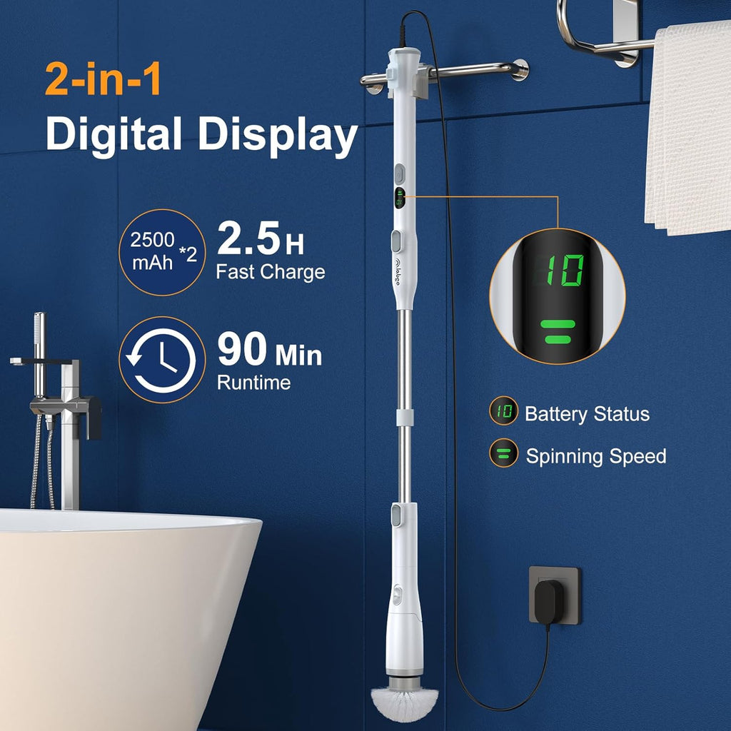 LABIGO Electric Spin Scrubber LA2 Pro, Shower Power Cleaning Brush with Display and 4 Replaceable Heads,2 Adjustable speeds, 3 Extension Handle, for Bathroom Floor Tile