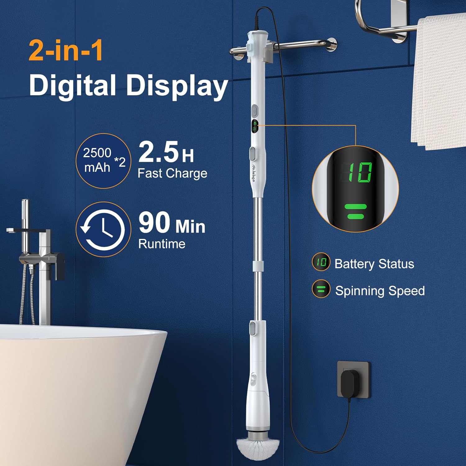 LABIGO Electric Spin Scrubber LA2 Pro, Shower Power Cleaning Brush with Display and 4 Replaceable Heads,2 Adjustable speeds, 3 Extension Handle, for Bathroom Floor Tile