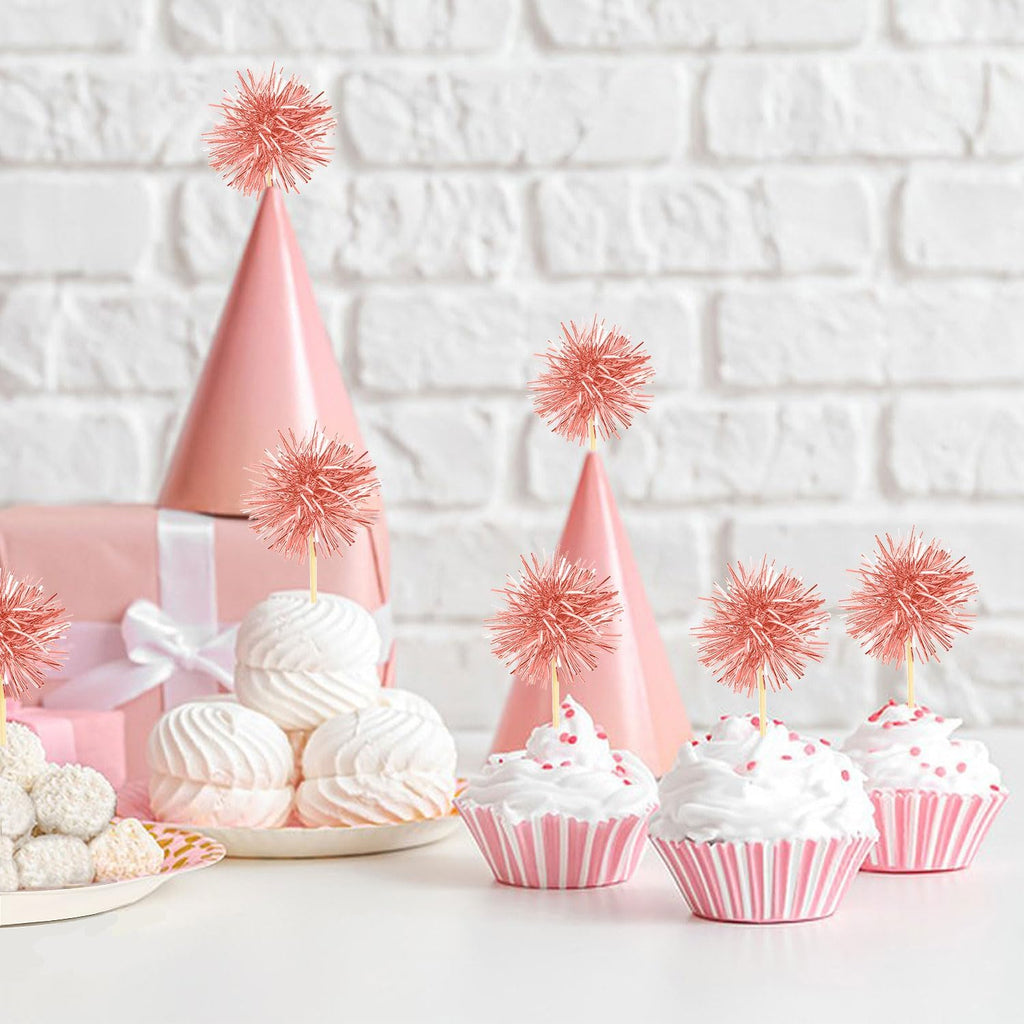 80 Pcs Firework Cupcake Topper Rose Gold Graduation Cake Decorations Foil Frill Toothpicks for Party Decoration, Cake Toppers, Picnics, Bar, Birthday, Holiday (Rose Gold)
