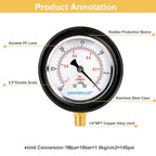 Vacuum Gauge 2-1/2" Dial Liquid Filled -30 inhg/0, Rubber Protective Case, 1/4" Brass Lower Mount, Including 1/4" to 1/8" Thread Adapter and Teflon Tape