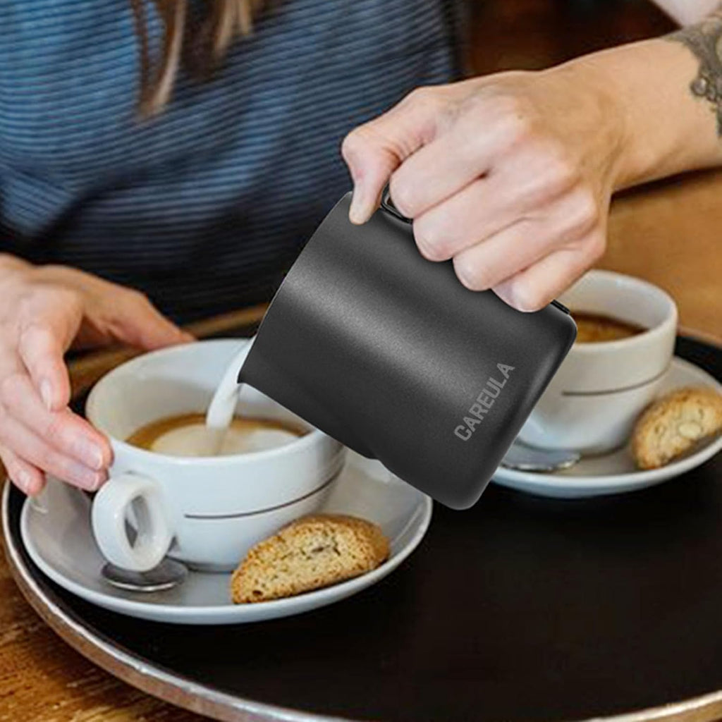 Milk Frothing Pitcher, 12oz Stainless Steel Milk Frother Cup Steaming Pitcher, Coffee Bar Cappuccino Espresso Machine Accessories Barista Tools, Metal Pitcher Milk Jug with Latte Art Pen, Matte Black