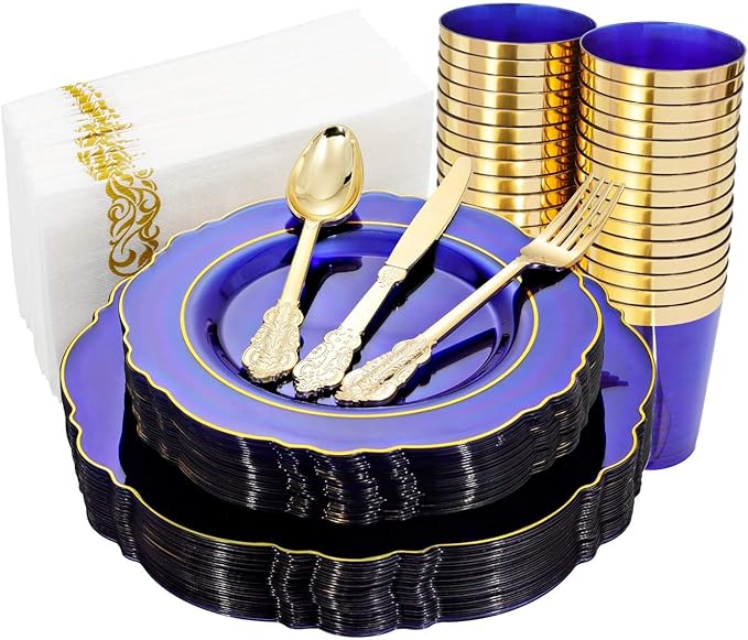 KIRE 210Pcs Blue Plastic Plates with Gold Rim& Disposable Plastic Silverware &Blue Cups&Hand Napkin- Baroque Clear Dinnerware for Hanukkah/Parties/Wedding