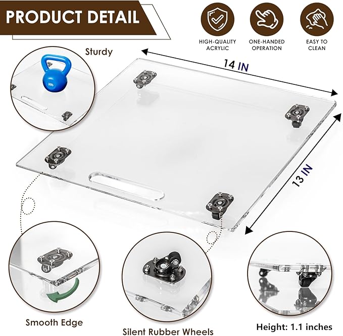 360° Sliding Tray for Coffee Maker & Kitchen Appliances - Silent Rubber Wheels, Clear Acrylic Organizer Tray for Under Cabinet - Space Saving Countertop Accessory, 13x14 Inch (Clear)