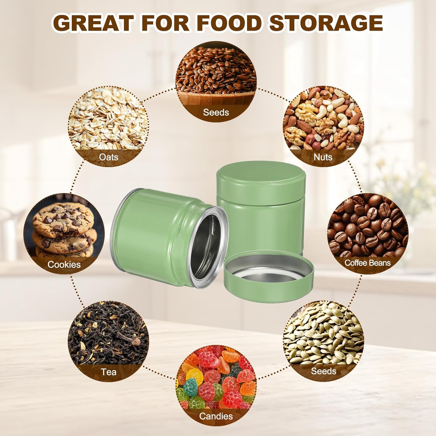 uxcell 2Pcs Round Tea Canisters, 3" x 3" Airtight Metal Tea Containers for Loose Tea, Coffee Beans, Spices - Durable, Compact, and Stylish Storage Tea Tin (Silver Green)