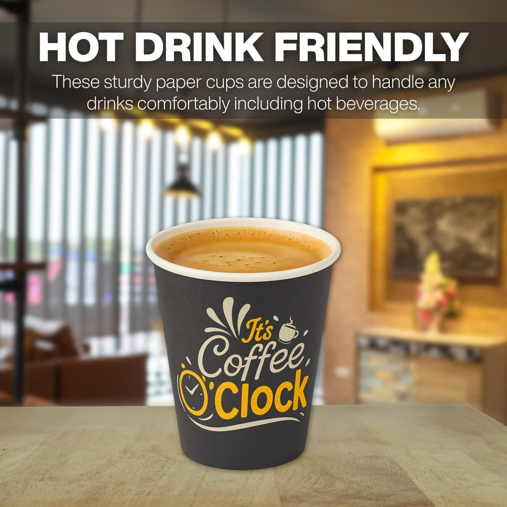 Smygoods Disposable Coffee Cups with Lids, To Go Paper Hot Cups, Coffee O'Clock Design (12 OZ, 100 Count) For Hot Beverages, Coffee, Tea, Espresso, Cocoa - Vasos Para Cafe