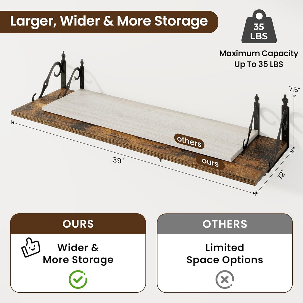 RICHFOCUS 12 Inch Deep Floating Shelves for Wall, 39" W x 12" D Wood Wall Shelves Set of 2, Wide Floating Shelves for Living Room, Bedroom, Kitchen, Bathroom and Decor Storage, Rustic Brown